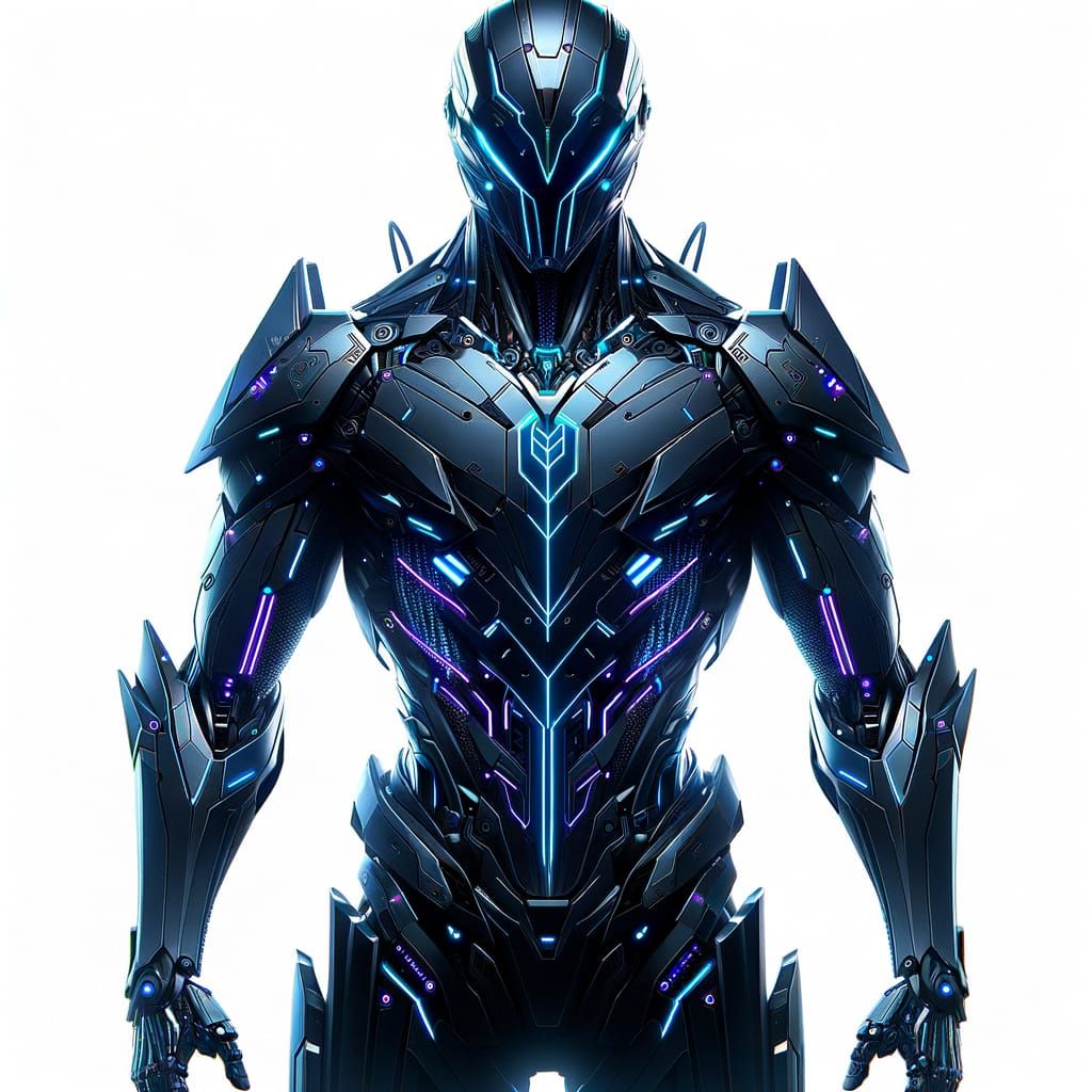 Sleek Cybernetic Guardian with Dark Armor and Glowing Accent...