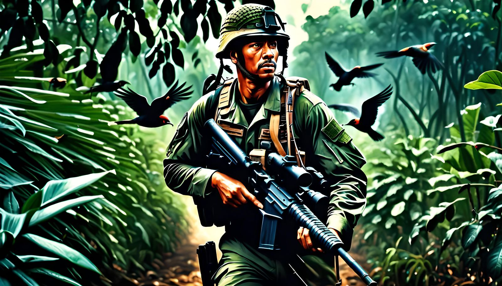 Hyperrealistic Soldier in Dense Jungle Environment