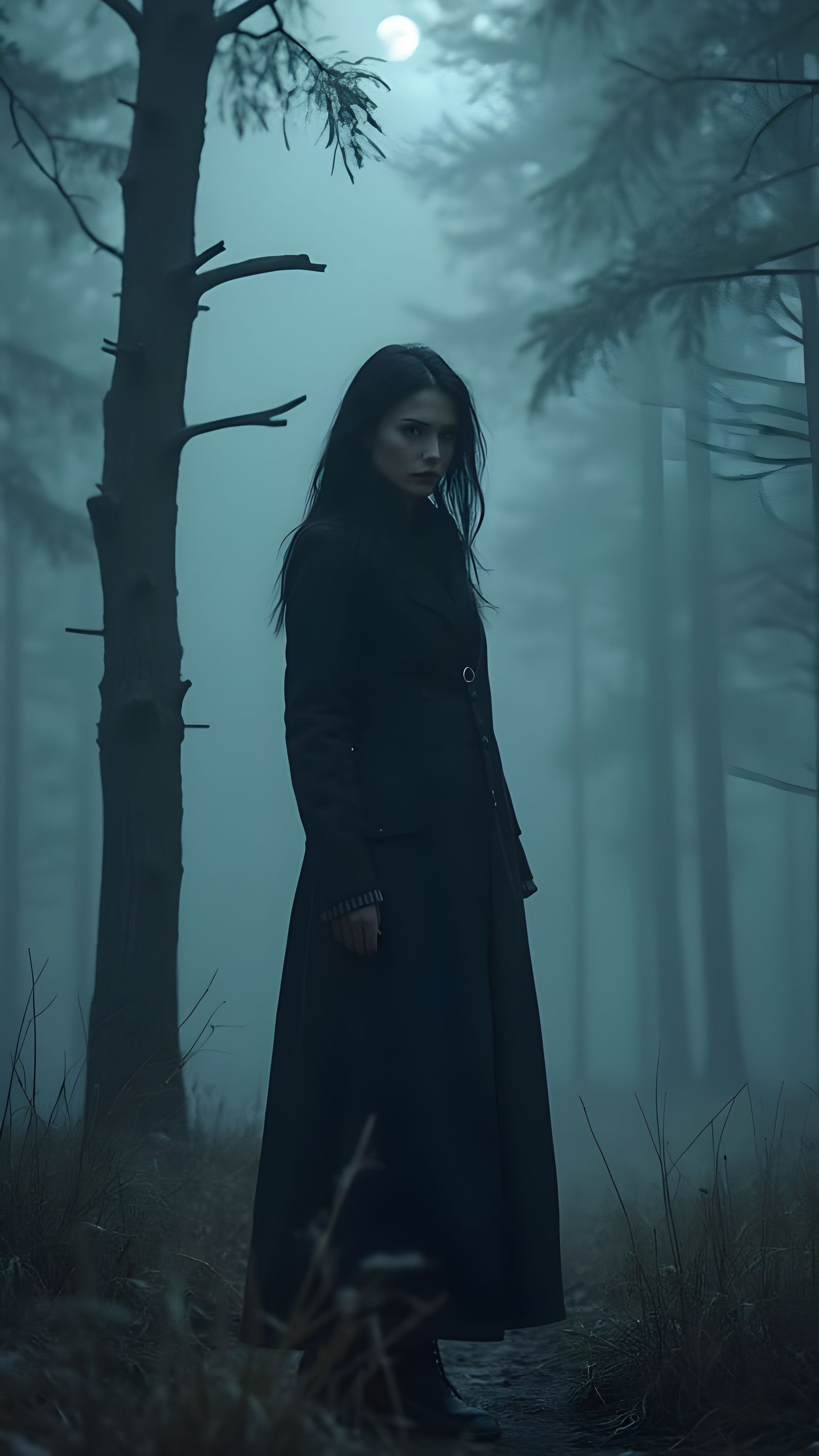 Mysterious Woman in Misty Noir Forest