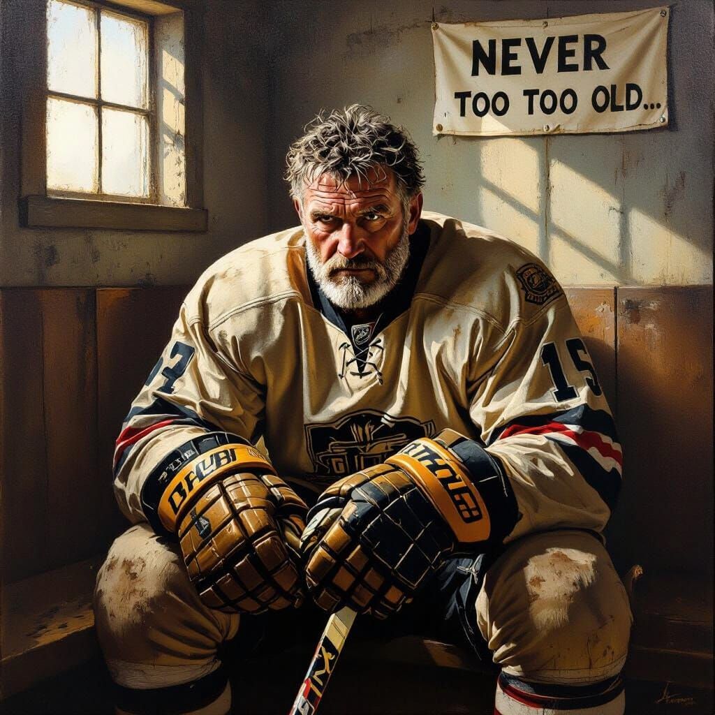Grizzled Hockey Player Tapes Stick in Sunlit Locker Room