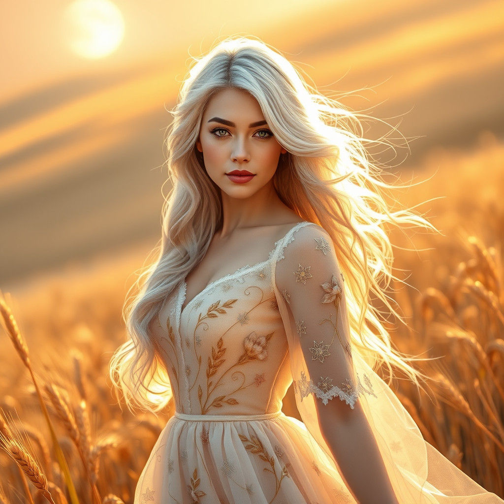 Silver-Haired Woman in Wheat Field: Fantasy Illustration
