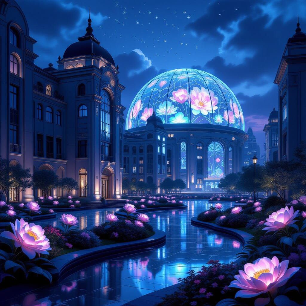 Futuristic Art Deco City with Luminous Gardens