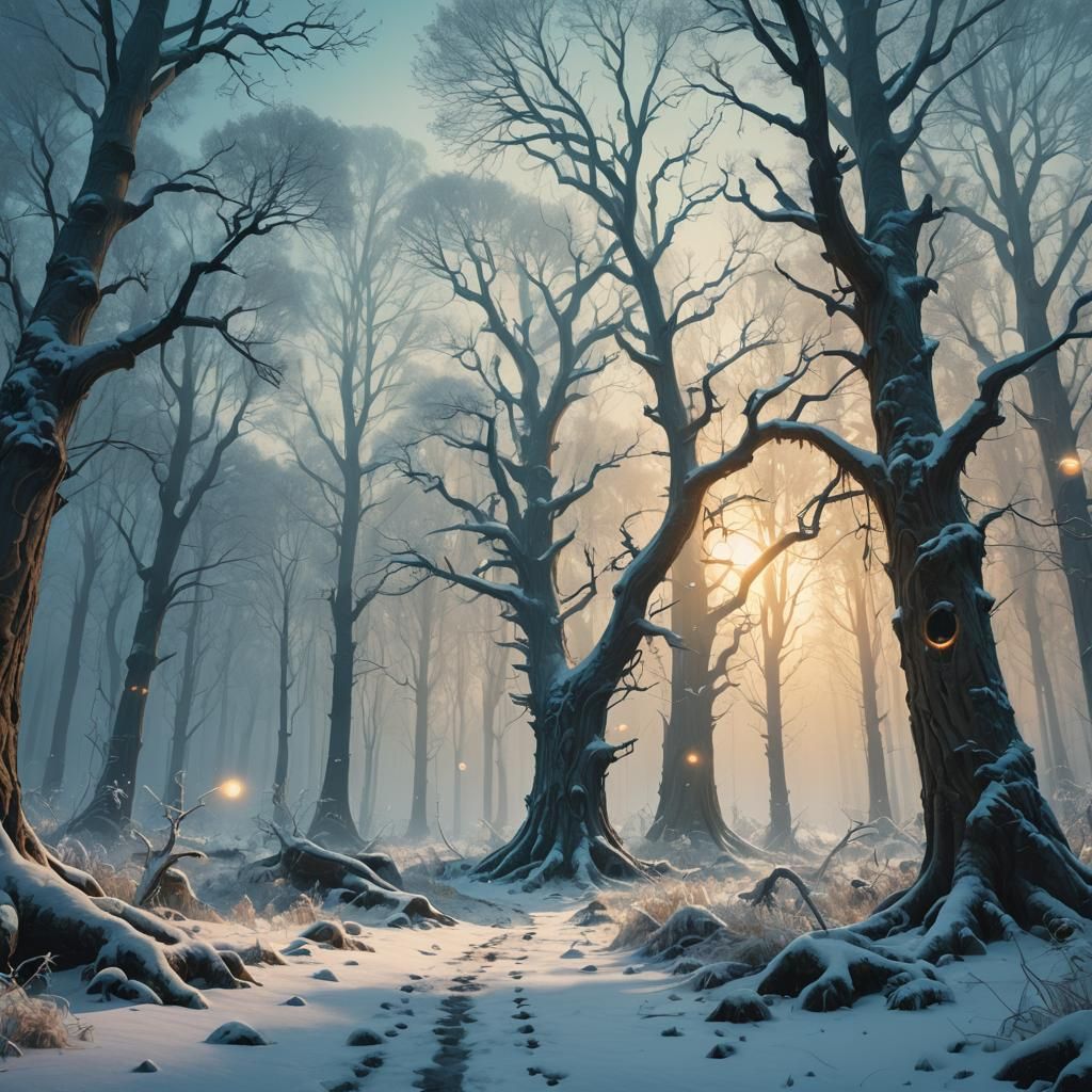 Ethereal Winter Forest with Glowing Orbs