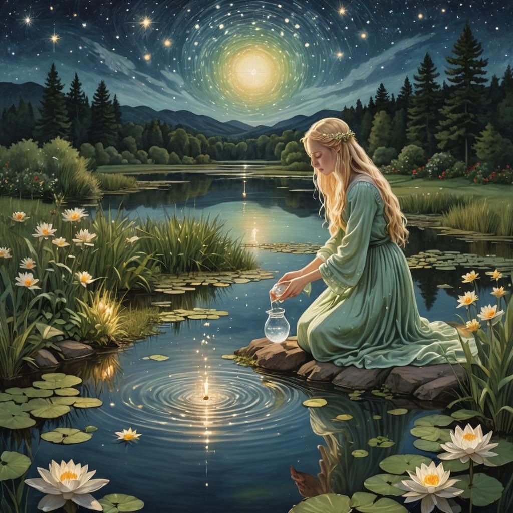 Starry Night Scene with Woman Pouring Water