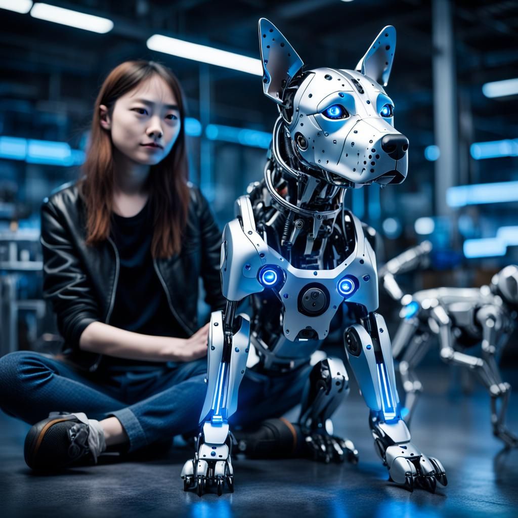 Futuristic Cybernetic Puppy Portrait in Industrial Style