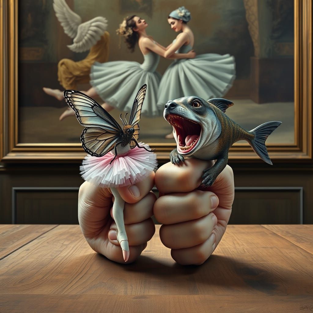 Surreal Dürer-Style Painting of Opposing Fists with Whimsica...