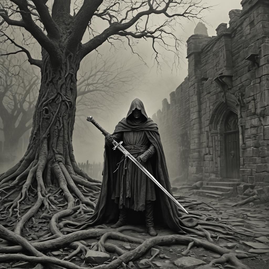 Mysterious Warrior in Eerie Fantasy Landscape