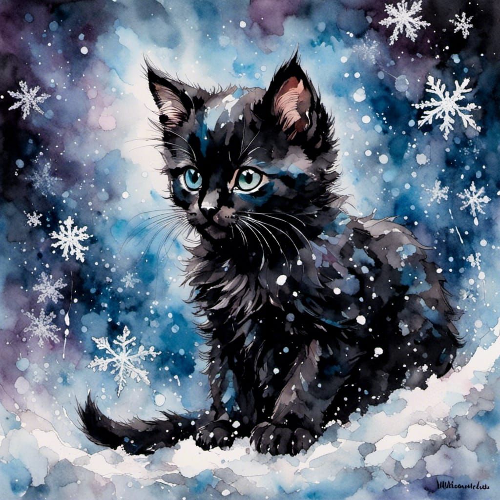 Cute Black Kitten Playing in Fresh Snow