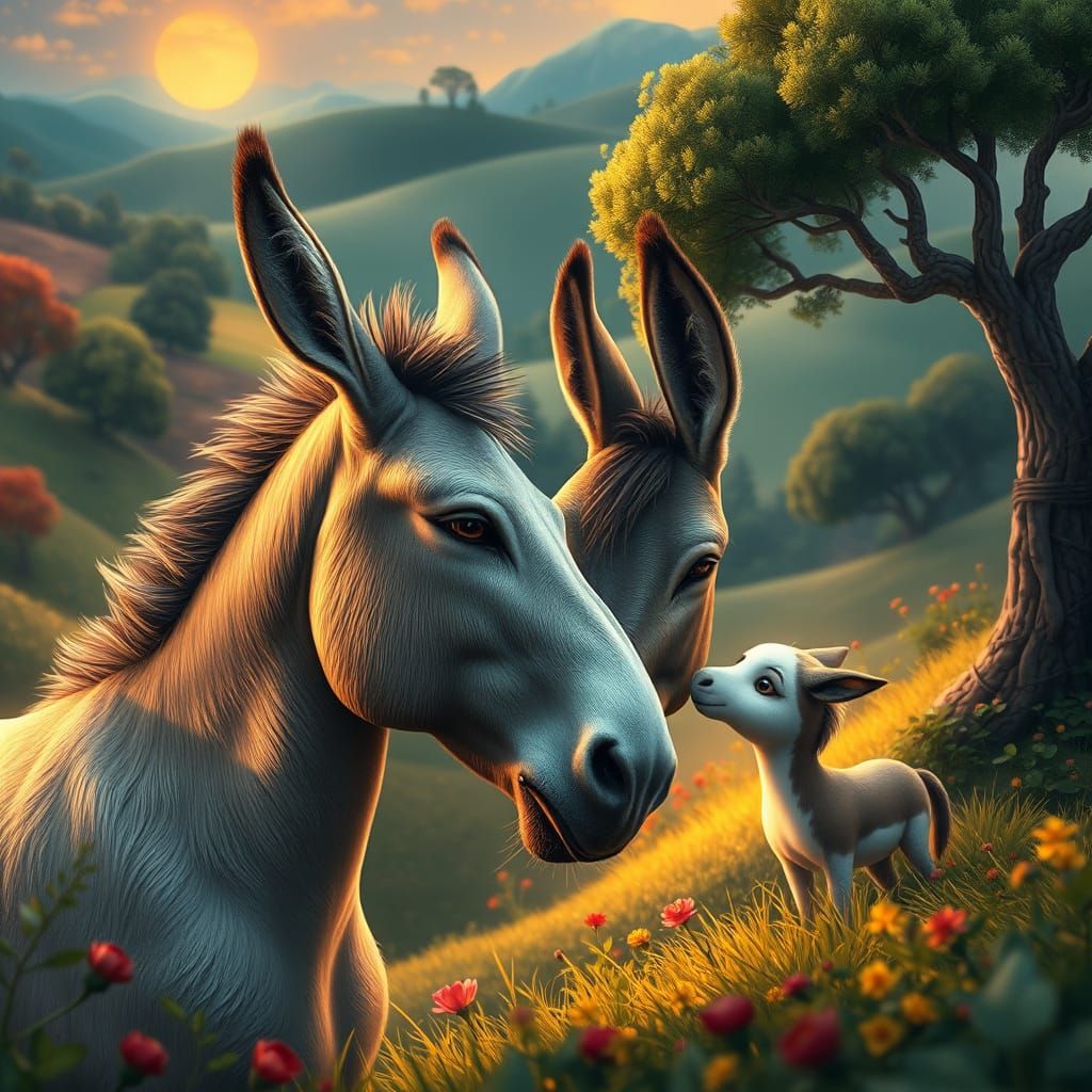 Majestic Donkey and Gentle Molly in Whimsical Fantasy Landsc...