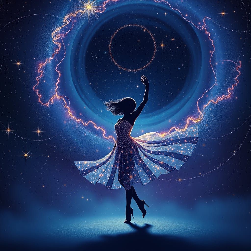Woman Dancing Under Starry Night Sky in Cosmic Style
