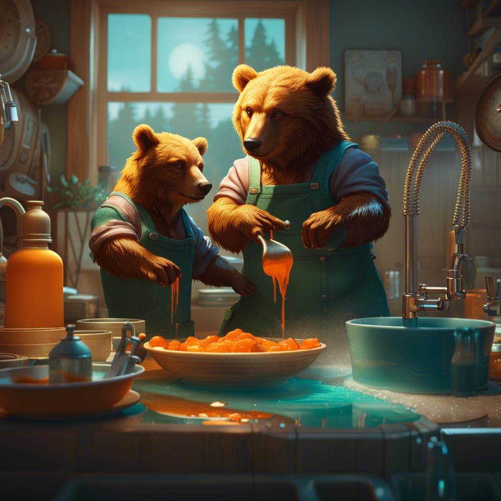 Bears Washing Dishes: Hyperdetailed Concept Art
