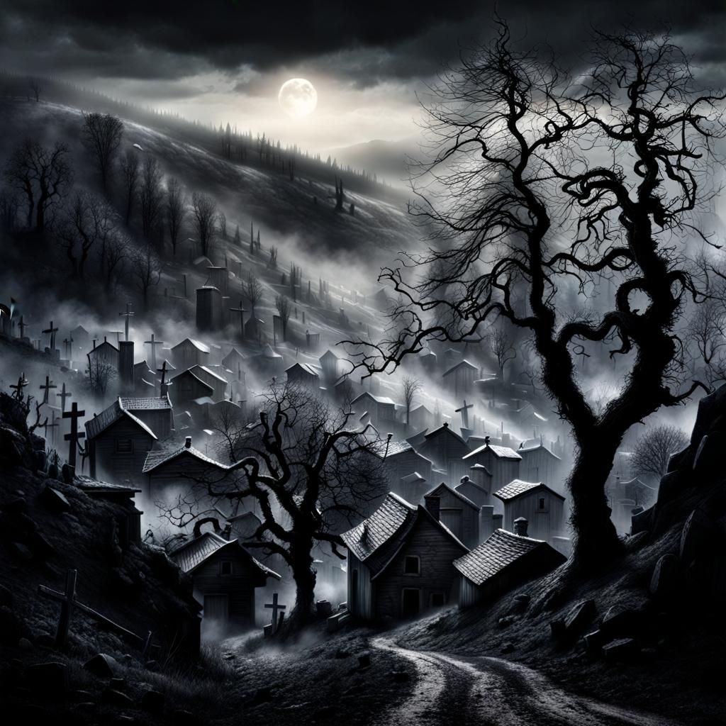 Creepy Mountain Village with Cemetery in Fog