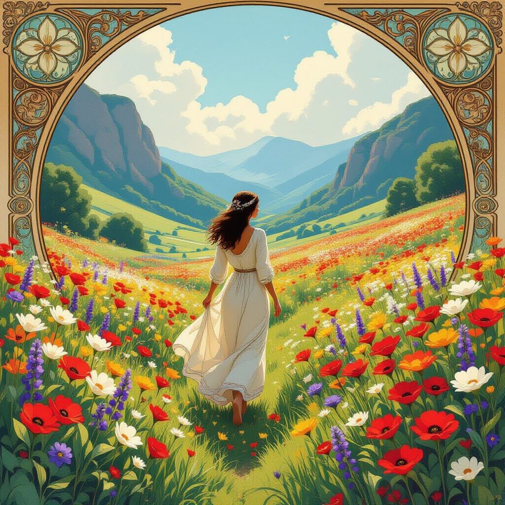 Woman in Flower Valley, Art Nouveau Style
