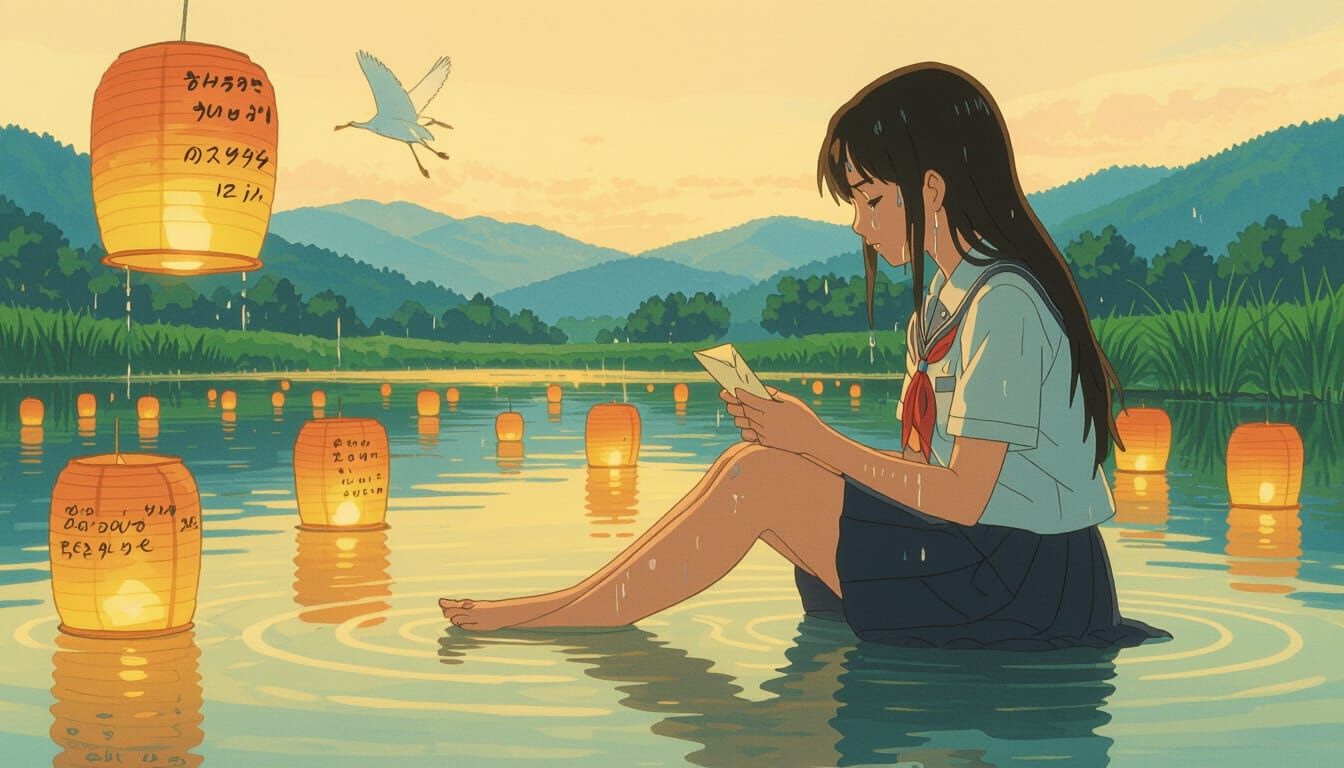 Dreamlike Lake Scene in Studio Ghibli Style