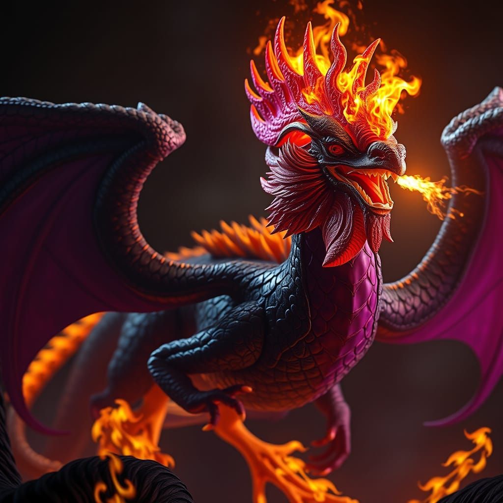 Fiery Cockatrice in Dark Fantasy Style