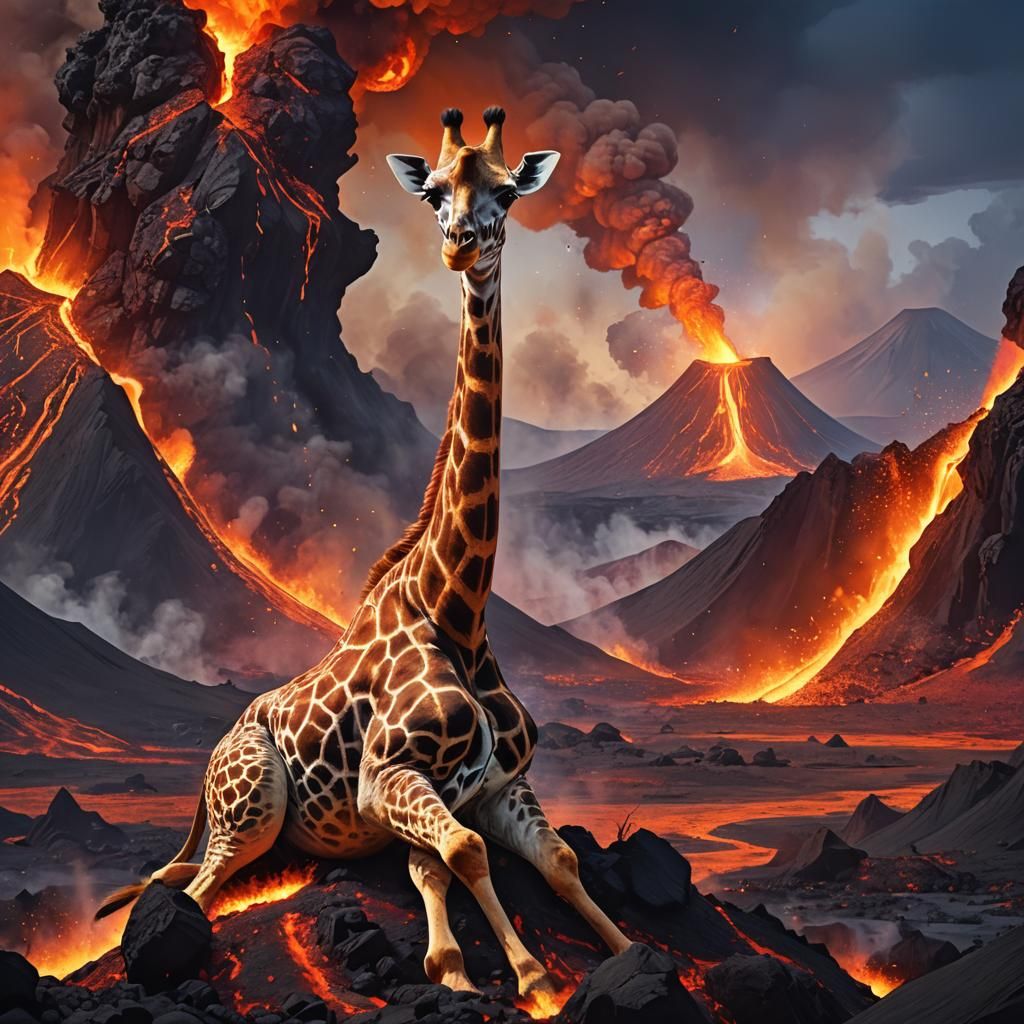 Giraffe on Erupting Volcano in Fantasy Illustration