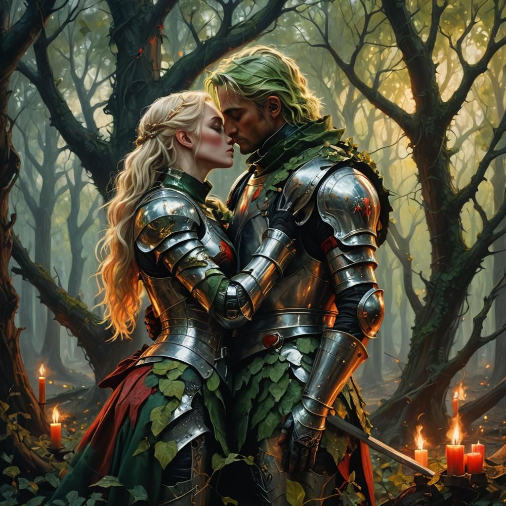 Armored Knights Kiss in Dystopian Forest, Cinematic Art