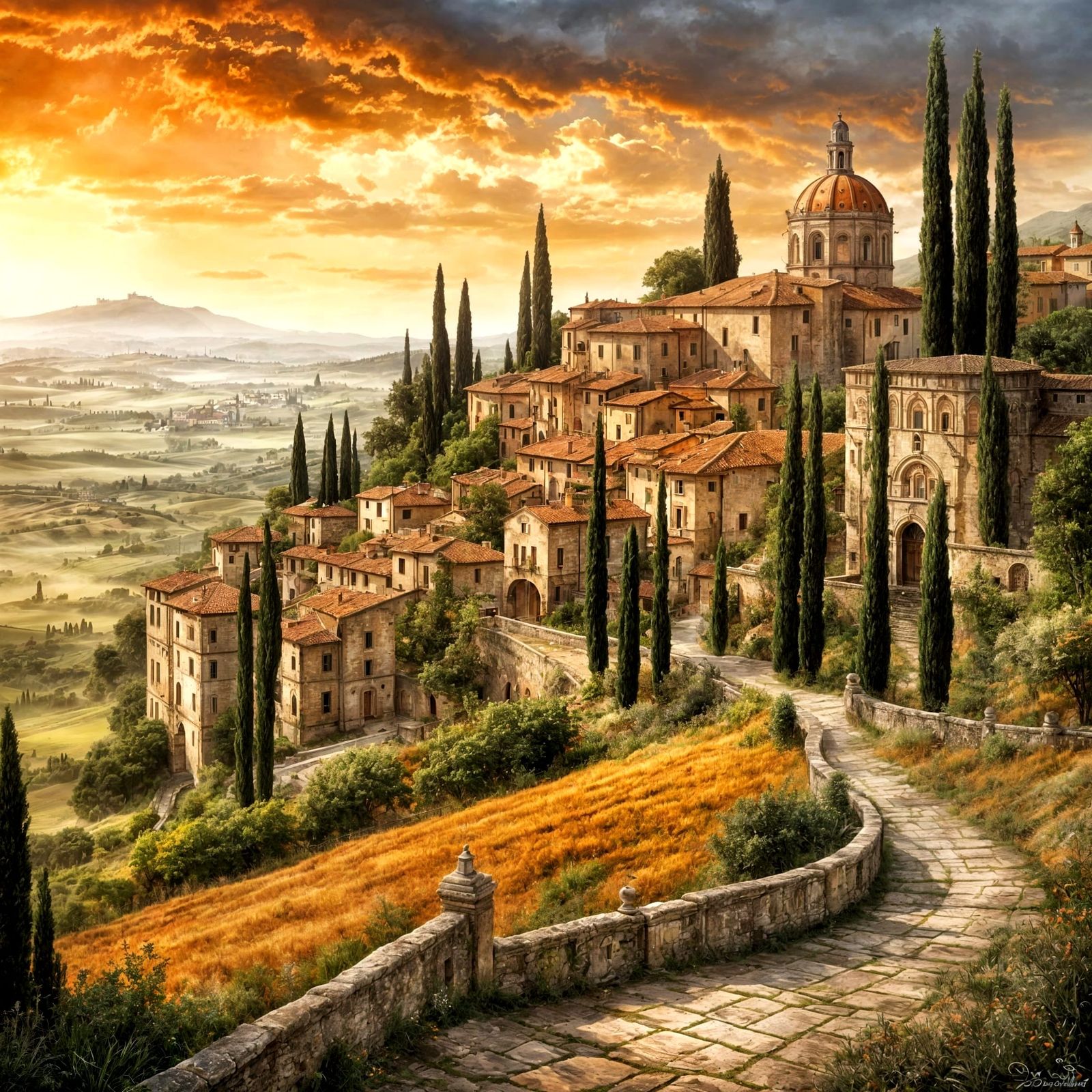 Tuscan Abbey Town at Dawn in Fantasy Style