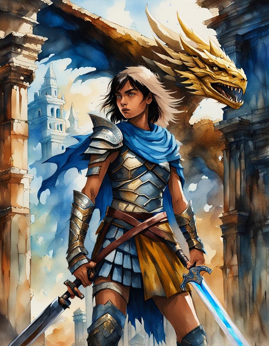 Fantasy Warrior Girl with Dragon Armor, Watercolor Painting