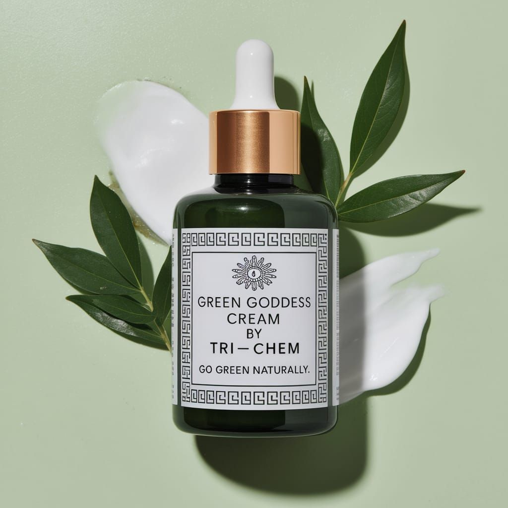 A Grecian-style bottle and the label "Green Goddess Cream by...