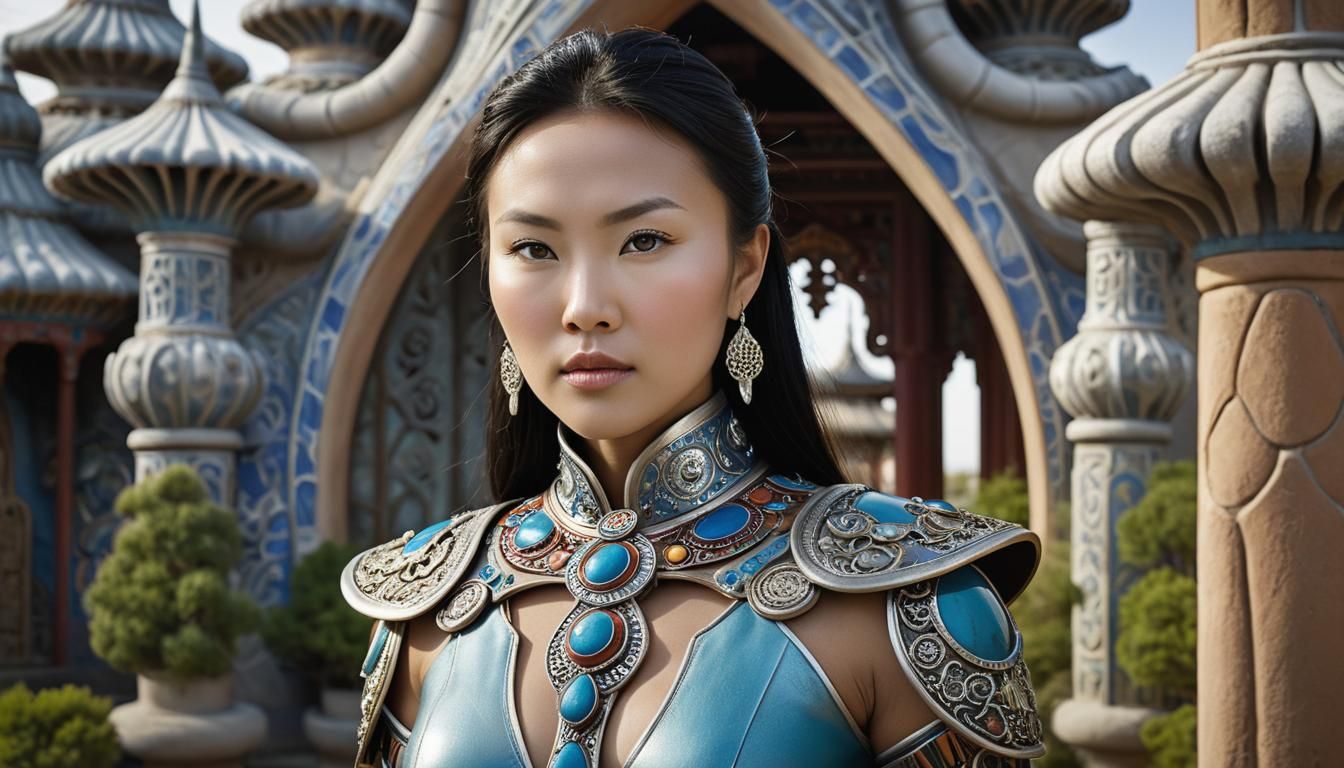 Mongolian-Inuit Woman in Gaudi-esque Temple Garden