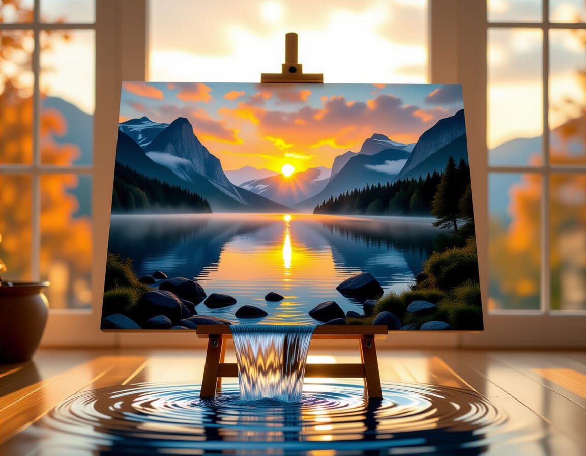 Autumn Landscape Painting With Foggy Lake and Waterfall