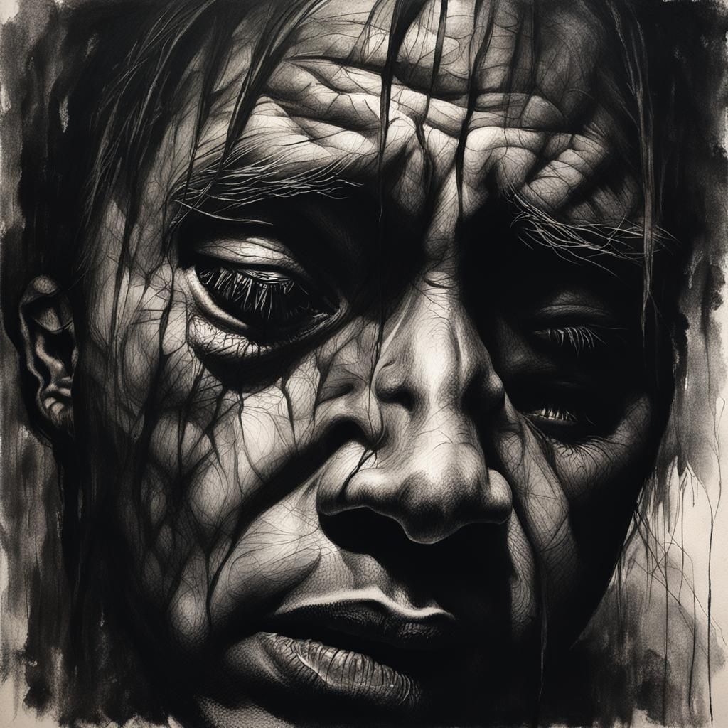 Emotional Charcoal Portrait with Tears