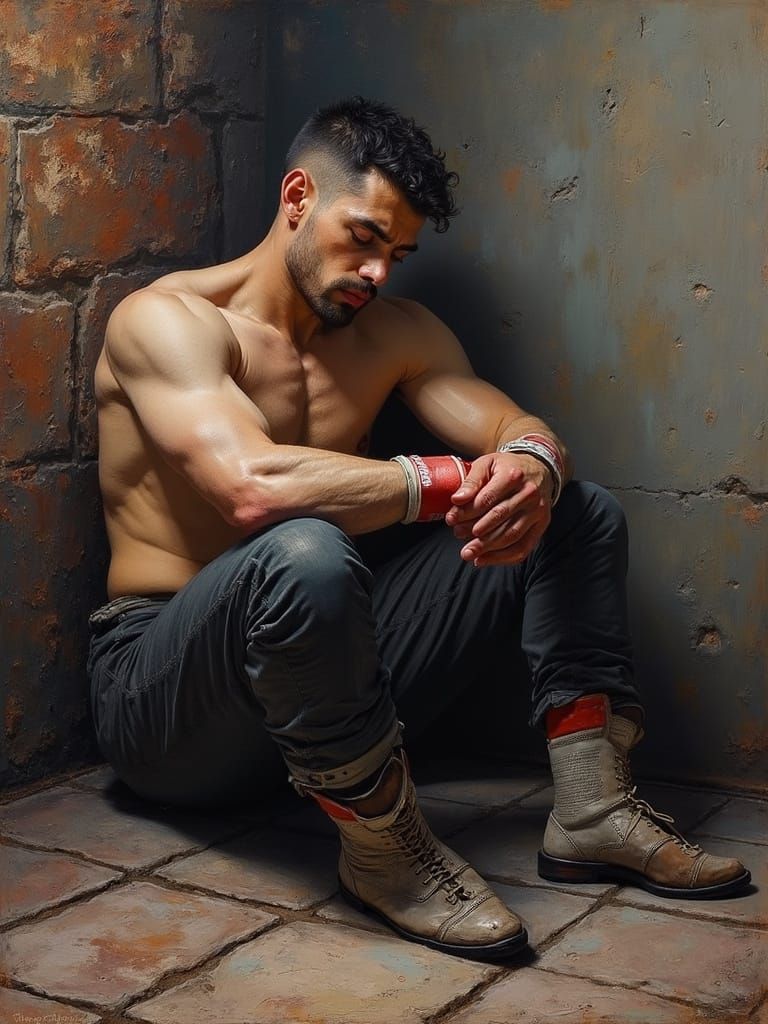 Gritty Boxer Collapses in Corner, in Impasto Style