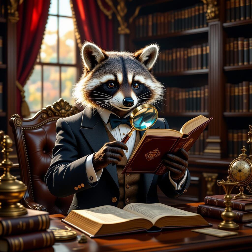 Debonair Raccoon Reads in Grand Library, Hyperrealistic Styl...