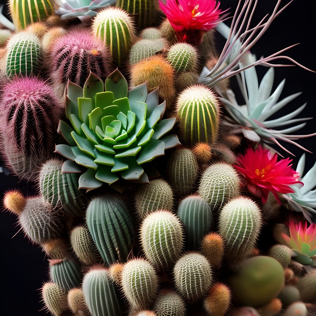 Detailed Mixed-Media Painting of Flowering Cacti