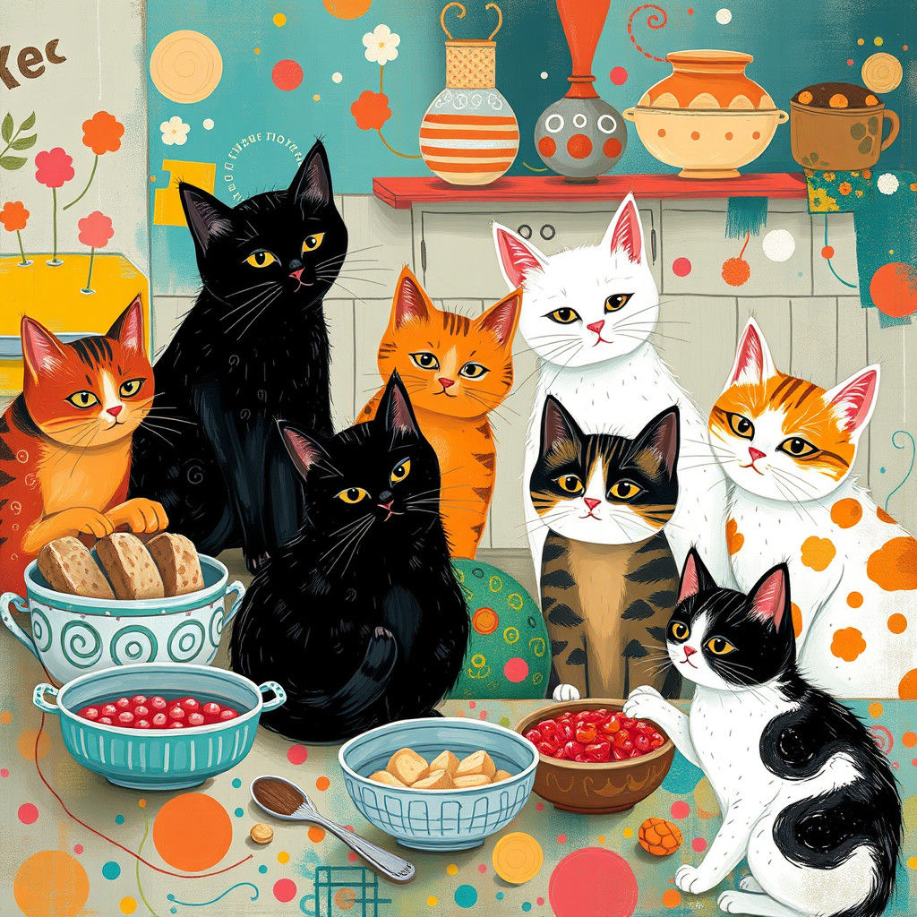 Cats Baking in Whimsical Kitchen, Surreal Art