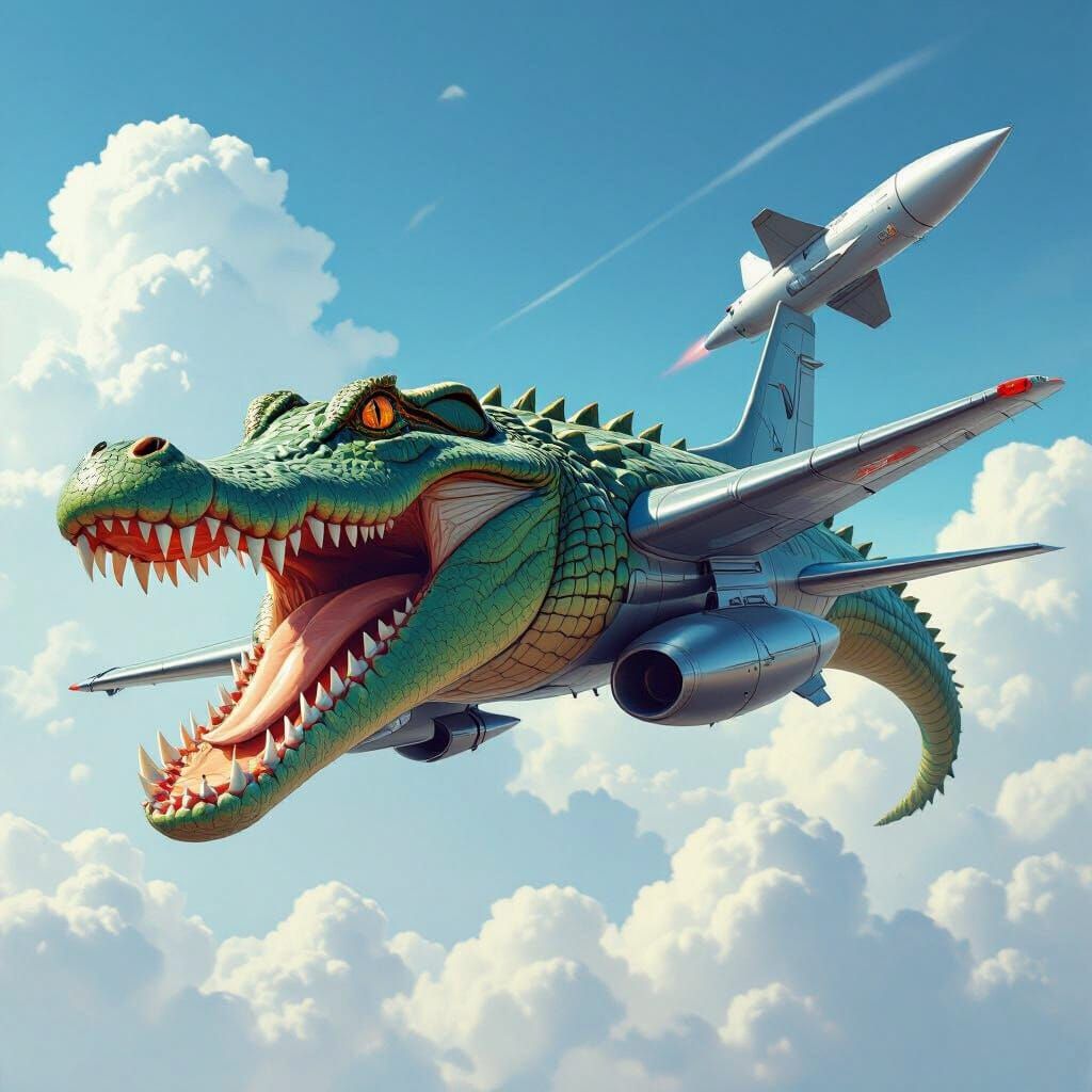 Crocodile-Airplane Hybrid Soaring with Missile, Futuristic A...