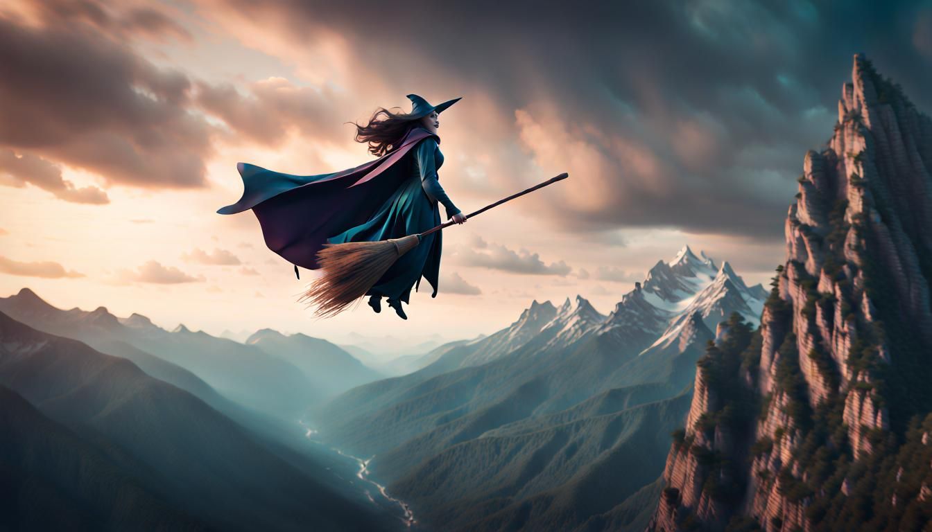 Malevolent Sorceress Flies Over Mountain, Cinematic 3D Art