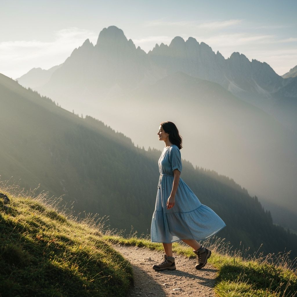 Anime Woman Hiker in Misty Mountain Landscape