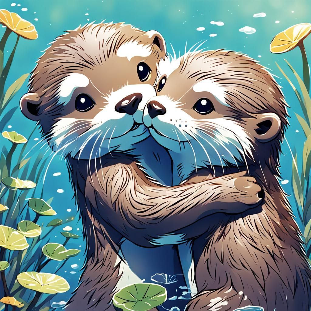 Two Otters Hugging in Anime Style