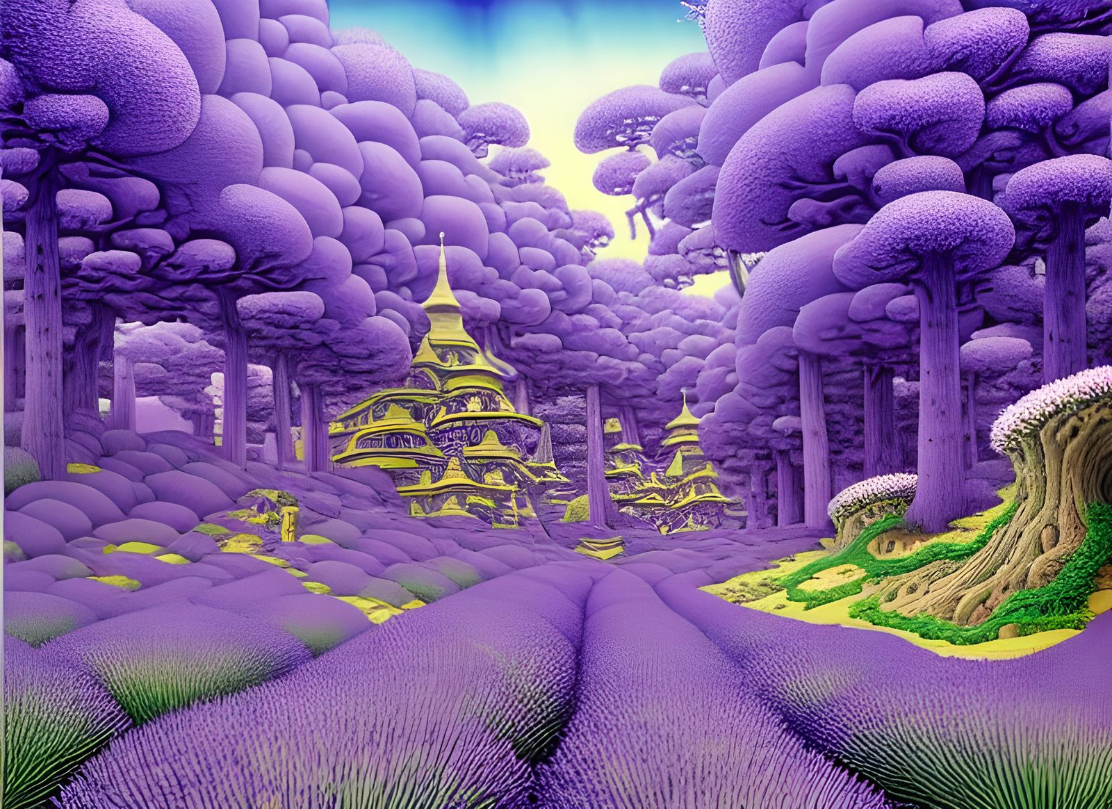 Cozy Dungeon Entrance in Lavender Forest: Surreal Digital Ar...