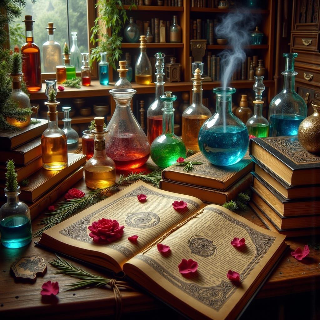 Golden Alchemy Table in a Mystical Wizard's Workshop