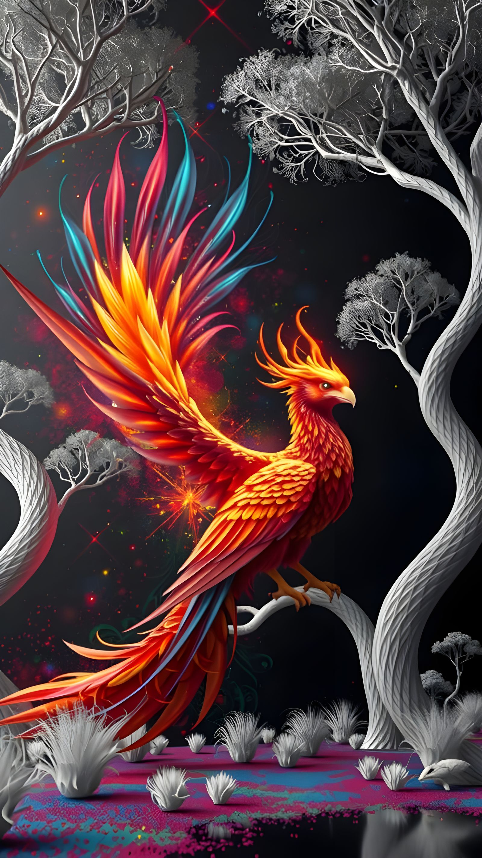 Majestic Phoenix Bird in Deep, Fantastical Colors