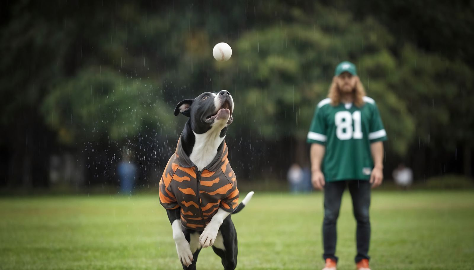 Determined Pit Bull Catches Baseball in Rainy Bogota Park