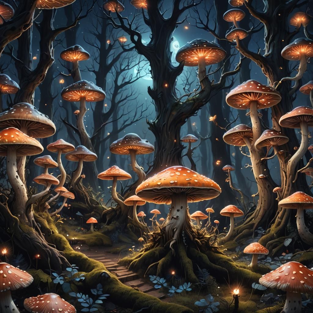 Fantasy Forest with Luminous Creatures, Digital Matte Painti...
