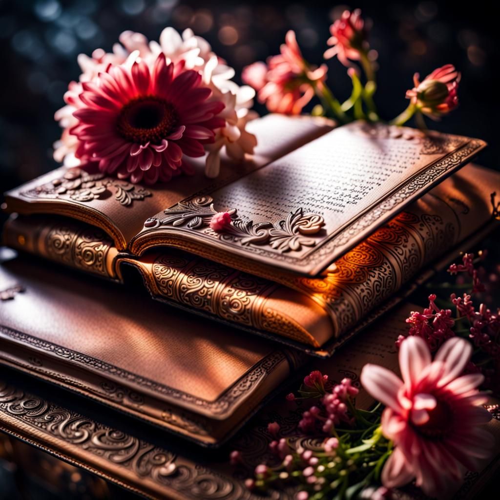 Magical Glowing Book with Flowers in Hyperrealism