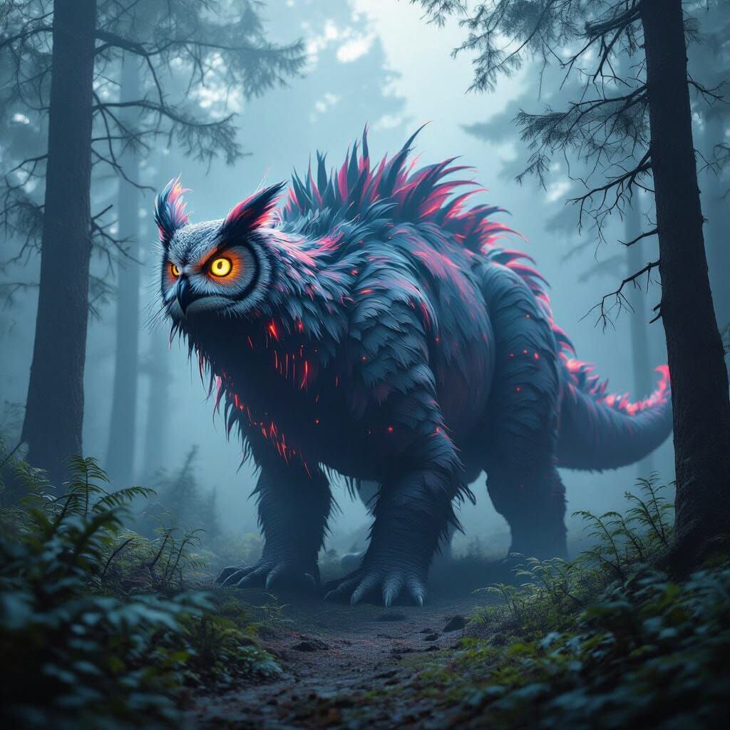 Feathery Sauropod with Owl Head in Neon Woodland