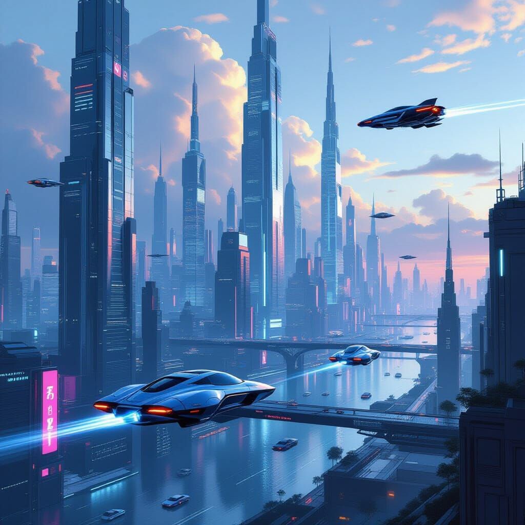 Utopian Cityscape in Cyberpunk Style