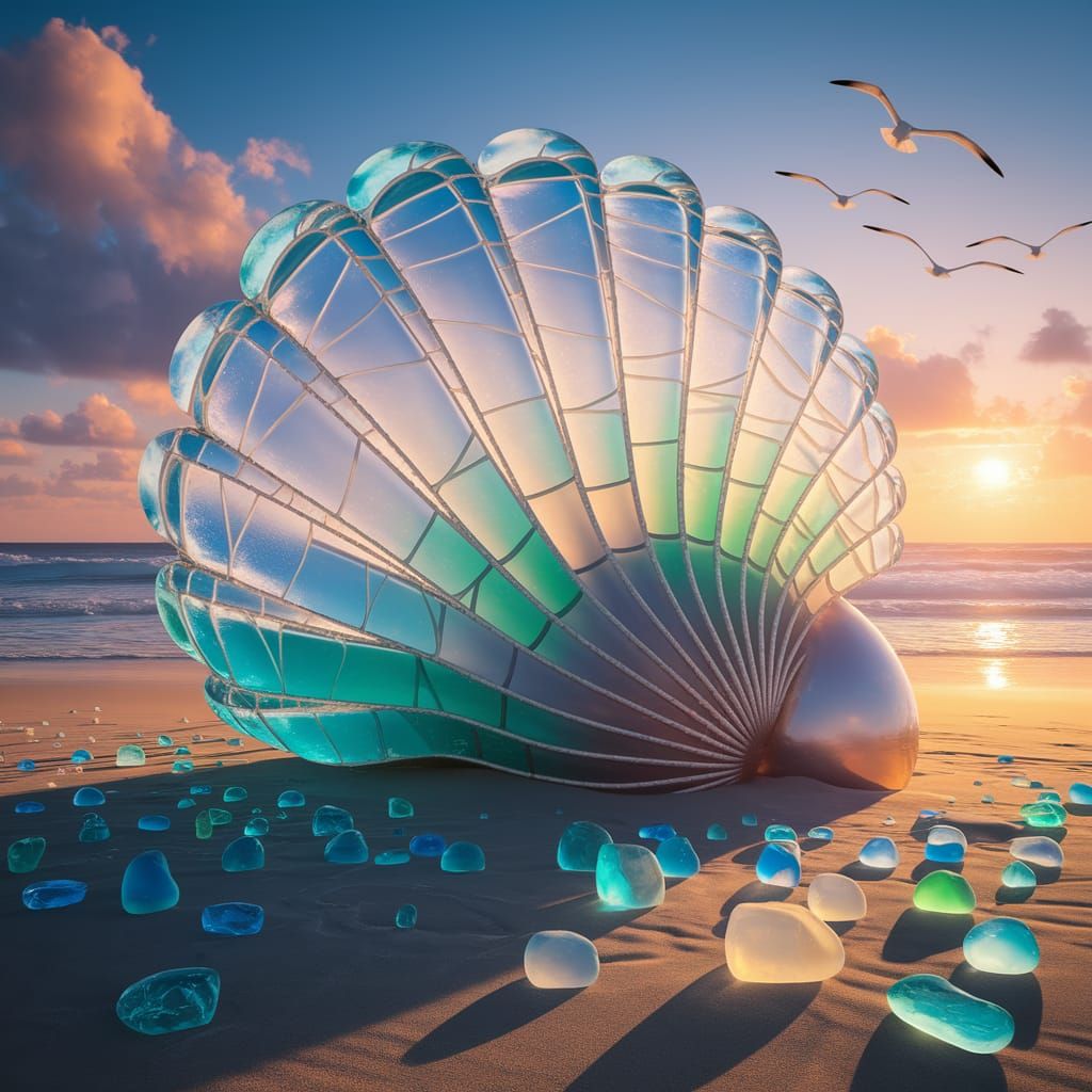 Giant Sea Glass Seashell Sculpture at Sunset Beach