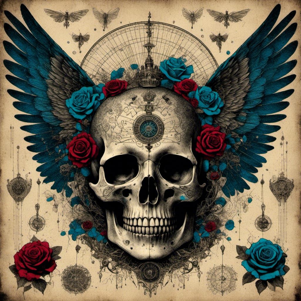 Gothic Moth Skull Diagram with Roses and Crystals
