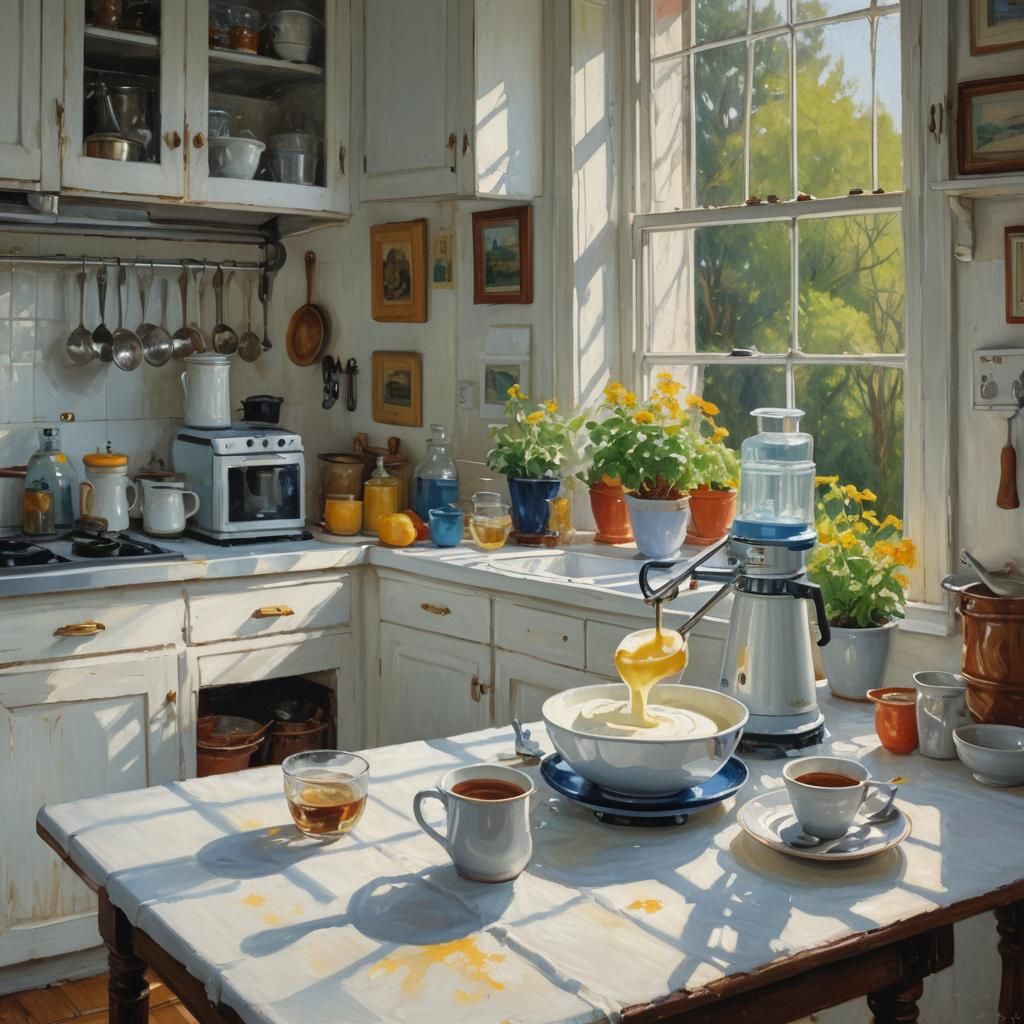 Sunlit Kitchen Scene in Luminist Oil Painting Style