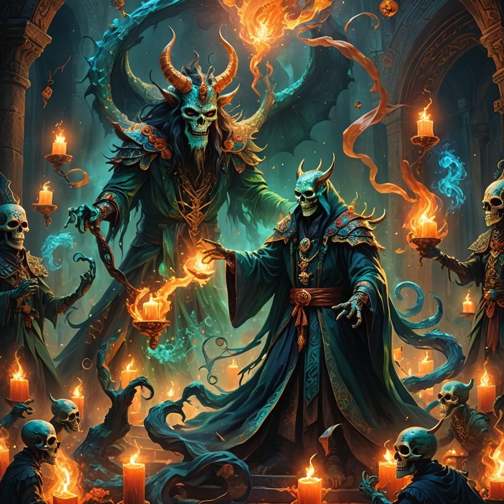 Tailed Demon Wizard Summons Spirits: Dark Fantasy Art