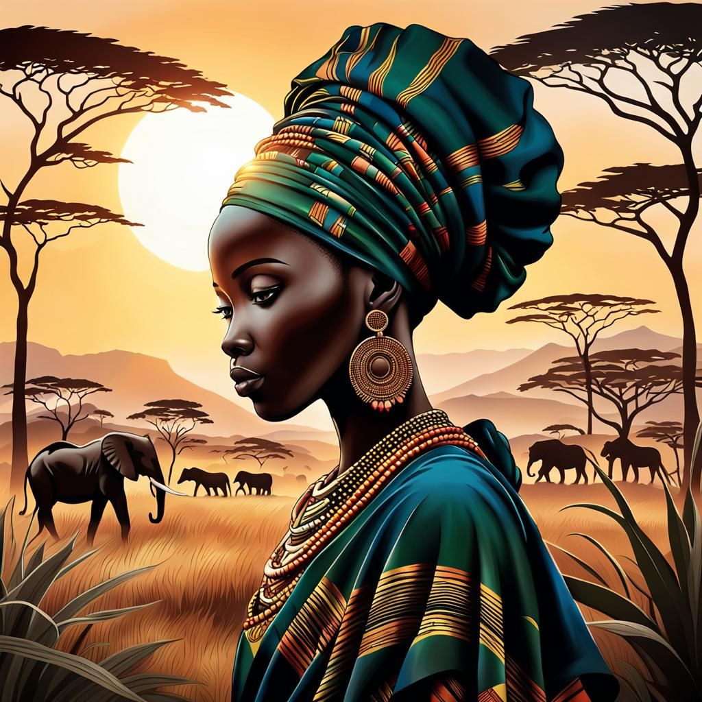 African Silhouette at Sunset: Nature and Culture