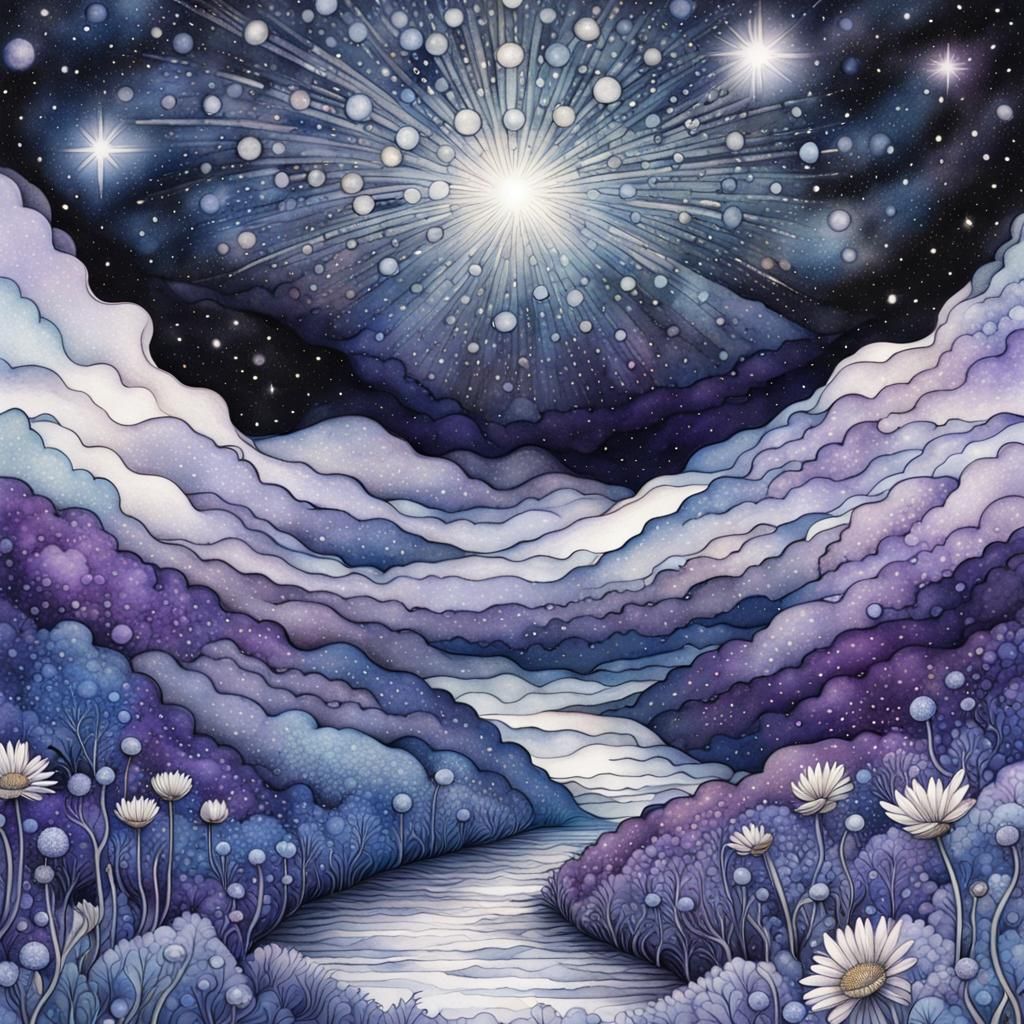 Watercolor Landscape with Inverted Starry Sky