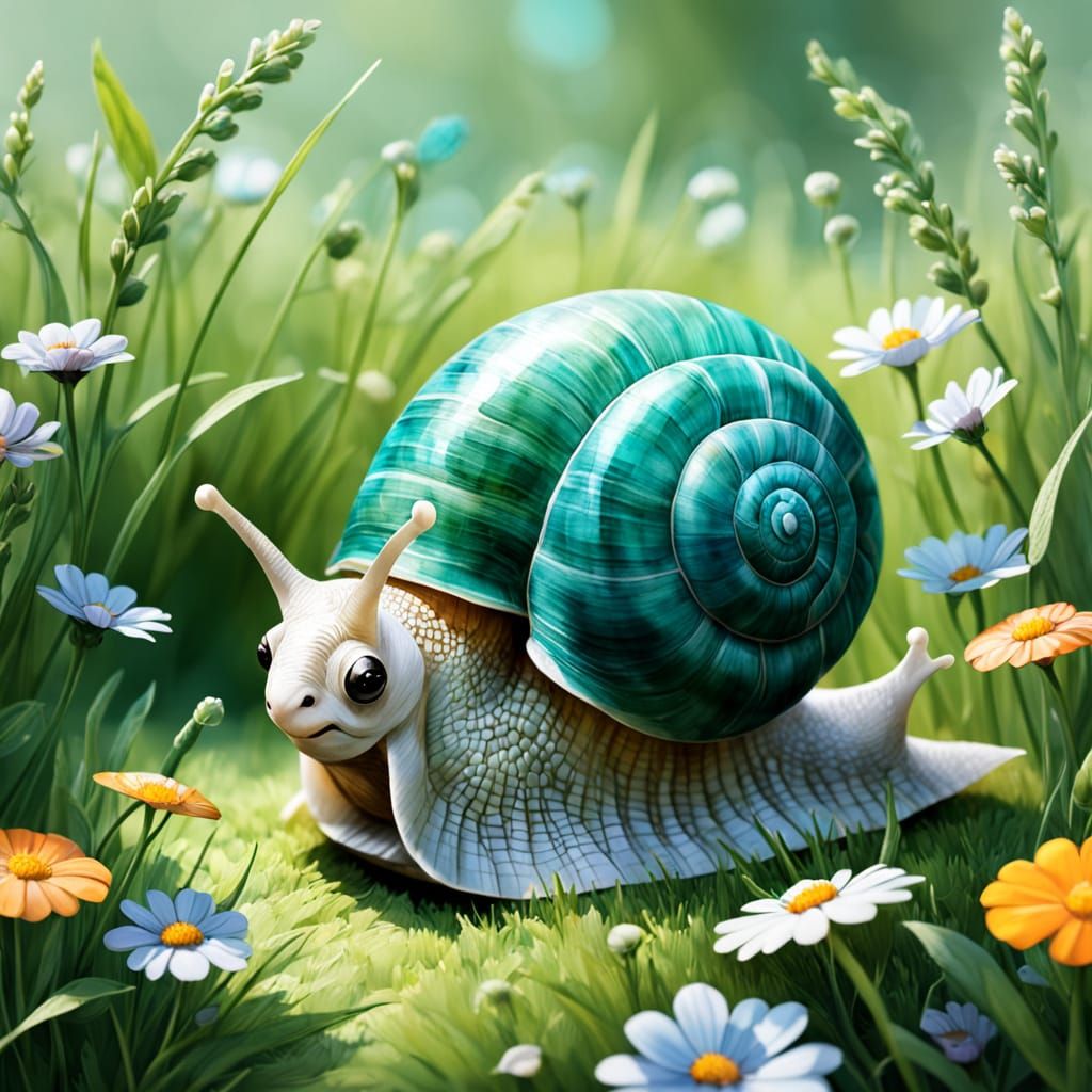 Cartoon Snail in Meadow, Watercolor Illustration